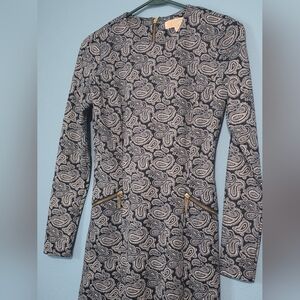 MICHAEL Michael Kors Blue and White Paisley Long-Sleeve Dress Gold Zippers 4P
